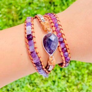 Amethyst Bohemian 3 Strands Purple Handmade Healing Reiki Wrap Braided Bracelet